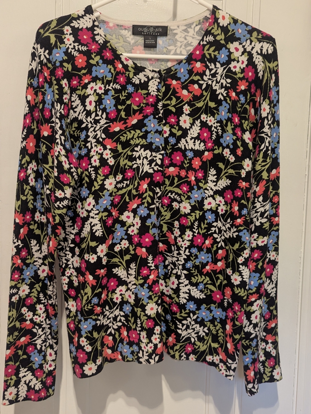 august silk Black Floral Long Sleeve Tee with Pink & Blue Blooms